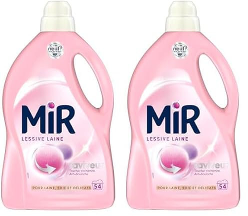 Mir - Lessive Liquide - Lessive Laine - Main & Machine - Raviveur - Formule Unique 3en1 - Douceur - Fibres - Tenue - Toucher Cachemir - Anti-Bouloche - Pour Laine - Soie - Délicats - 54 Lavages