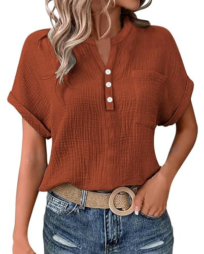 Cocila Ladies Tops 2025 Women's Summer Cotton Linen Cap Sleeve T-Shirt Button V Neck Henry Collar Tunic Tops Fashion Baggy Solid Plain Casual Shirts Trendy Blouse with Pocket