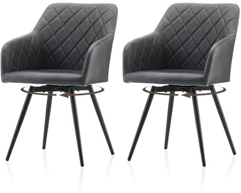TUKAILAi Esszimmerstühle aus Kunstleder, 2er-Set, 360° drehbar, gepolstert, Küchenstuhl mit Rückenlehne und Metallbeinen, für Zuhause, Büro, Schlafzimmer, Wohnzimmer, Lounge (Dunkelgrau)