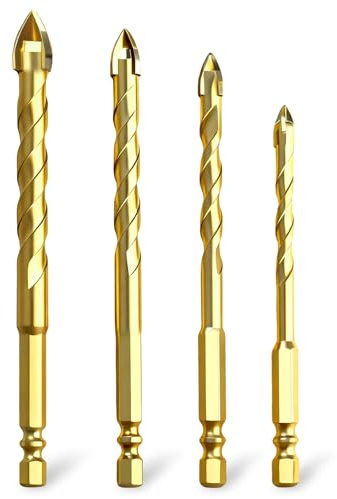 msymsyu 4-Teiliger Glasbohrer, Hochfeste Wolframkarbid Exzenterbohrer | 6/8/10/12mm Fliesenbohrer, Golden Bohrer mit 4 Schneiden, Powerbit Bohrer für Beton Glas Keramik Kunststoff Holz Mauerwerk