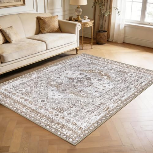 Capslpad Vintage Teppich Wohnzimmer 120x180cm Braun Waschbar | Kurzflor Boho,Retro Teppich,Weich Rutschfest,Großer Teppich,für Wohnzimmer,Esszimmer,Schlafzimmer,Büro,Teppiche
