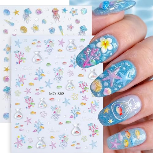 Ocean 5D Embossed Nail Art Stickers - Self-Adhesive Beach Designs Seashell Starfish Jellyfish Fish Coral Sea Creature Theme Flower Nail Decals for DIY Nail Art Decorations for Women Girls