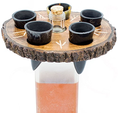Norse Tradesman Genuine Drinking Horn Shot Glass Set (5) w/Rustic Wood Display Stand (Live Edge) | Engraved with Norse Runes | Packaged in Burlap Gift Sack