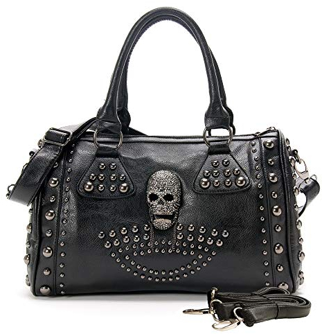 Chikencall® Frauen Schädeltasche PU Handtasche aus gewaschenem Leder Geldbörsen mit gotischen Nieten Damen Halloween Weihnachten Umhängetasche Schwarz