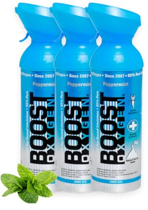 Boost Oxygen - Botella de Oxígeno Portátil - Lata de Oxigeno 95% Puro y Natural - Concentración, Recuperación, Energía, Estado de Ánimo, Grande - 27L, 3x9L (3x Envases - 450 Inhalaciones) - Menta