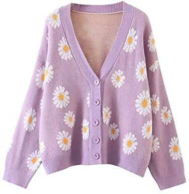 ebossy, Cardigan da donna a maglia, a maniche lunghe, aperto sul davanti, con scollo a V e bottoni, in misto lana, Viola, taglia unica