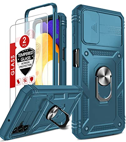LeYi Objektivschutz Hülle für Samsung Galaxy A13 5G/A04S Handyhülle & 2*Glasfolie Schutzglas,Hybrid Kammeraabdeckung Schutzhülle Outdoor Ringhalterung Cover Kratzfest Case Halter Handy Hüllen Blau