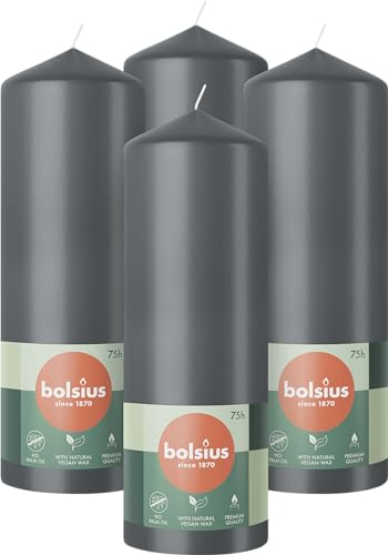 Bolsius Glatte Stumpenkerzen - Anthrazit- 4 Stück - 20 x 7 cm - Dekorative Haushaltkerzen - Länge Brenndauer 75 Stunden - Unparfümierte - Enthält Natürliches Pflanzenwachs - Ohne Palmöl