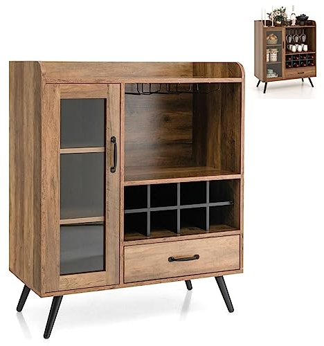 GiantexUK Wine Cabinet, Wooden Buffet Sideboard with Shelves, Removable Wine Racks, Drawer, Glass Holder & Door, Industrial Kitchen Storage Cupboard for Home Bar Dining Living Room