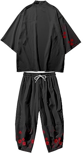 DOSLAVIDA Ensemble de cardigan style kimono japonais pour homme, style chinois, avec veste imprimée et pantalon, haut ouvert à manches 7/8 et short, Small