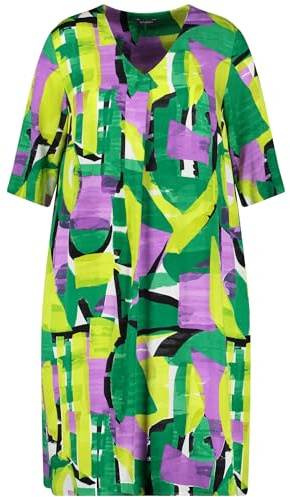 Samoon Damen Knieumspielendes Blusenkleid mit 3/4 Arm halber Arm, weiter Arm Gemustert knieumspielend Lemon Green Gemustert 48