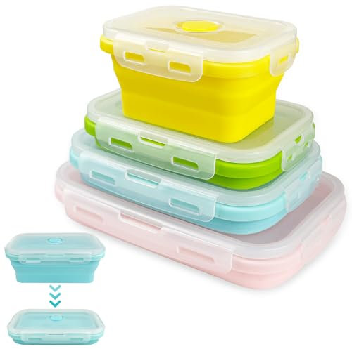 4 PCS Loncheras Plegables, Recipientes Para Acampar Plegables, Contenedores Plegables Con Tapa, Adecuados Para El Hogar, La Autocaravana, El Campamento Y Los Viajes (Azul, Verde, Rosa y Amarillo)
