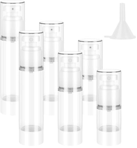MIHURO Airless Pump Bottle, 6Pcs Refillable Travel Pump Bottles 15ml 30ml 50ml, Travel Lotion Containers with Separatory Funnel Vacuum Press Bottles for Foundation Essence Lotion Perfume Toner