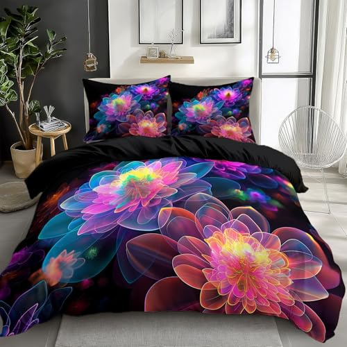 CozyRest Kinder Bettwäsche Set 155 x 220 cm, Leuchtendes Neon-3D-Blumenmuster Bettbezug Set 3 Teilig, Weiche Microfaser Wende Schwarz Bettwäsche mit Reißverschluss und 2 x 80x80cm Kissenbezüge