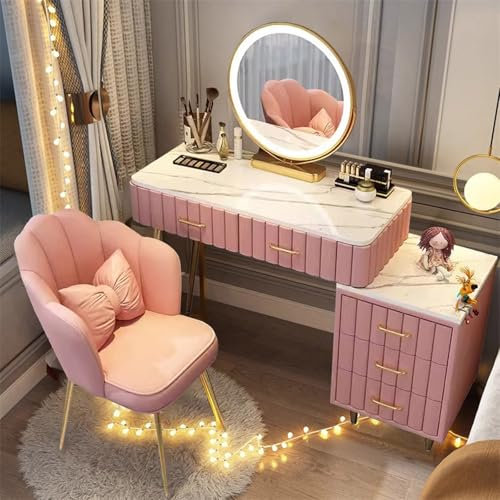 Knjlwa Schminktisch mit LED Beleuchtung und Samthocker, 3 Farben mit Einstellbarer Helligkeit, mit 5 Schubladen 80 cm breit Rosa