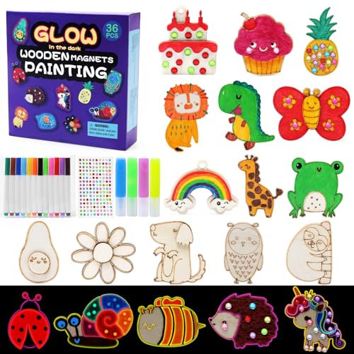 LEADSTAR Juego de manualidades para niños, 36 unidades, juego de manualidades para niños para pintar y manualidades, juego de manualidades de madera, idea de manualidades, pintura de cumpleaños