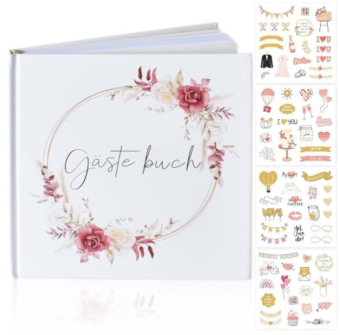 FooYee Gästebuch Hochzeit, 72 Seiten Hardcover Hochzeitsgästebuch mit 4 Blatt Scrapbooking Stickers für Hochzeiten, Babyparty, Jubiläen, Geburtstage und Besondere Anlässe, 21 x 21 cm