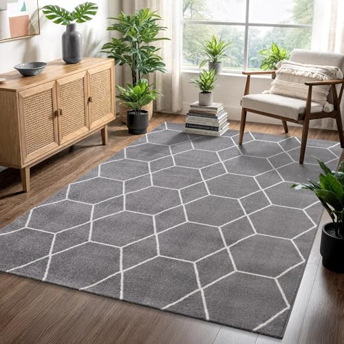 SANAT Wohnzimmerteppich – Pflegeleicht, für jeden Raum geeignet – Öko-Tex zertifizierter Flächenteppich – Trellis Muster, Grau, 200 x 290 cm