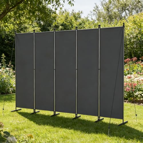 UISEBRT Paravent Outdoor wetterfest mit Heringen und Abspannleinen,Klappbar Freistehend Trennwand ohne Bohren,mobiler sichtschutz für Garten Balkon terrasse,5 Teilig 250 x 180 cm Dunkelgrau