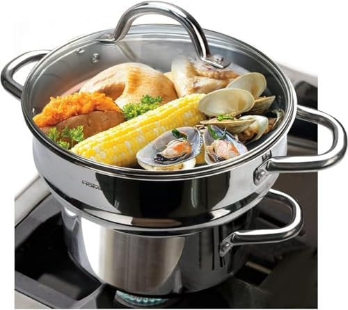 HOMICHEF Juego de 3 Vaporeras Para Alimentos Integrales - Olla de Acero Inoxidable Sin Níquel para Cocinar al Vapor (24 cm Cesta de Vapor Con Tapa, Olla de Vapor de 20 cm) - Ollas y Cestas de Vapor