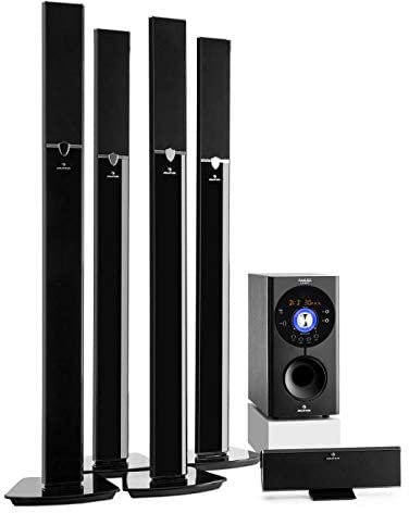 AUNA Areal 653 - Système Surround 5.1, Système d'enceintes, Subwoofer de 6,5, Quatre Enceintes colonnes, Une Enceinte Centrale, Interface Bluetooth, Deux Prises Microphone, Noir