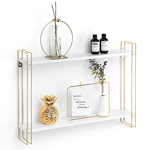 J JACKCUBE DESIGN Weiß und Gold schwebendes Regal, 2 Etagen, Standregal für moderne Raumdekoration, Wandhalterung, Vitrine, Aufbewahrung für Küche, Schlafzimmer, Badezimmer, MK534A