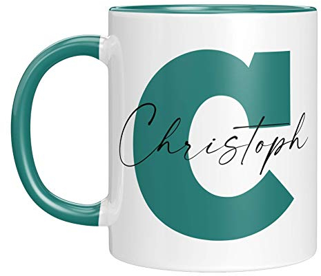 TassenTicker - Personalisierte Tasse - Namens-Tasse - mit Ihrem Anfangsbuchstaben und Namen - personalisiert - Geburtstag - Kaffeetasse - beidseitig bedruckt - Geschenkideen (Türkis)