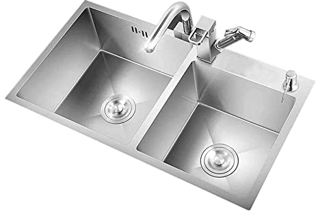 MYAOU Kitchen Sinks Drainer Stainless Steel Double Bowl Undermount Inset Square Kitchen Sink with Tap & Strainer Waste Kit - Large Capacity