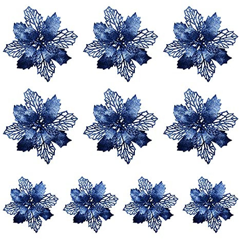 LEMCC 10PCS Artificial Poinsettia Christmas Flowers Decorations with Clips Blue Poinsettia Flowers Glitter Christmas Tree Ornaments for Xmas Wedding Party Wreath DIY, 11cm/4.3inch