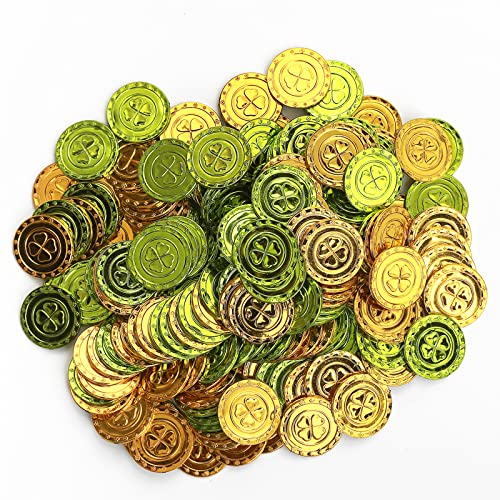 100 Stück Gold & Grün 4 Blätter Kleeblatt Glücksmünzen, Kunststoff Schatz gefälschte Geld Spielzeug Münzen für Kinder Party Gastgeschenke St. Patrick's Day Party Dekorationen Geburtstag Party Supplies