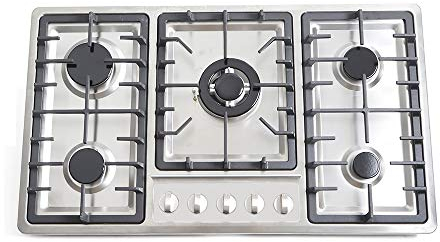 TIXBYGO Gaskochfeld Eingebaut Brenner Sicherheitsventile,Einbau-Gaskochfeld mit 5 Brennern,Brennern aus Edelstahl mit einer Edelstahloberfläche und gusseisernen Rosten Silber 860 * 500mm