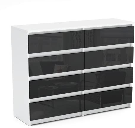 MRBLS Kommode mit 8 Schubladen Sideboard Schubladenschrank Kleiderschrank Modern Möbel mit Schubladen für Ihr Schlafzimmer (Weiß Matt - Grau Glanz) – 120 x 92,5 x 33,5 cm (B/H/T)