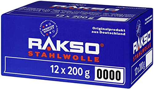 RAKSO Stahlwolle extrafein 0000-2,4 kg, 12 Banderolen à 200g, poliert gewachstes Holz, Kupfer, Messing, mattiert Oberflächen, säubert Glas