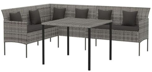 vidaXL Garten Essgruppe 2-TLG., Gartenmöbel Set mit Kissen, Gartengarnitur Sitzgruppe Stahlrahmen, Rattanmöbel Lounge Sofa, Grau Poly Rattan