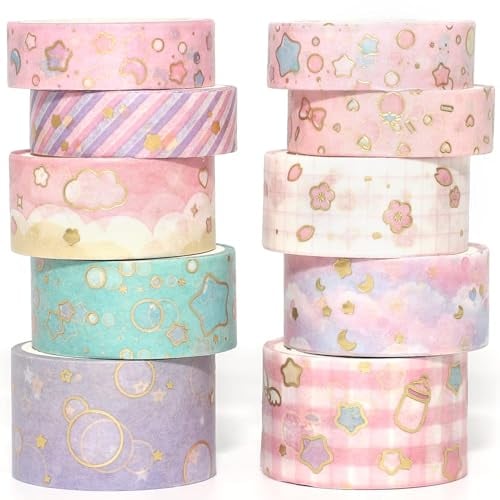 YUBX Creative Washi Tape Set 10 Rolls Gold Foil Print Decorative Masking Tapes for Arts, DIY Crafts, Journals, Planners, Scrapbook, Wrapping (Cute Sweety)