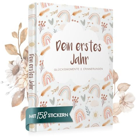 Cozy Racoon Babyalbum Dein erstes LebensJahr mit 158 Stickern. Baby Album zum Selbstgestalten und Ausfüllen für die schönsten Momente. Geschenk zur Geburt für Jungen und Mädchen | Boho Muster