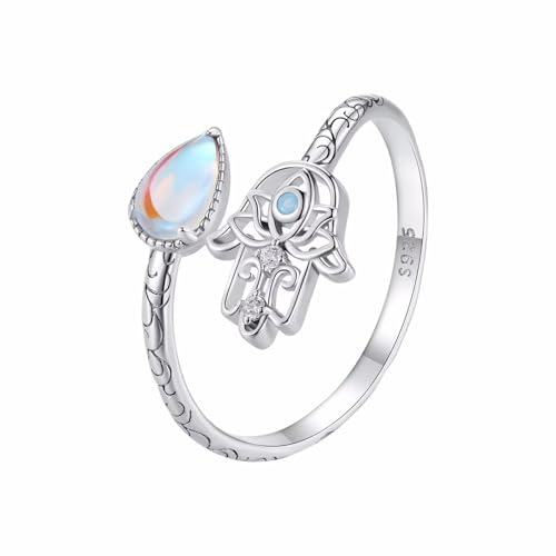 Qings Hand of Fatima Verstellbarer Ringe für Damen 925 Sterling Silber Hamsa Offener Ring Lotus Yoga Ring Glücklich Protective Ringe Schmuck Geschenke für Damen Mädchen