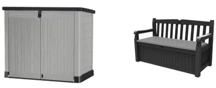 KETER Abri Horizontal Range Poubelle SIO Pro - 1200 litres - Gris & Banc/Coffre de Jardin, Gris Anthracite, 140 x 60 x 84 cm