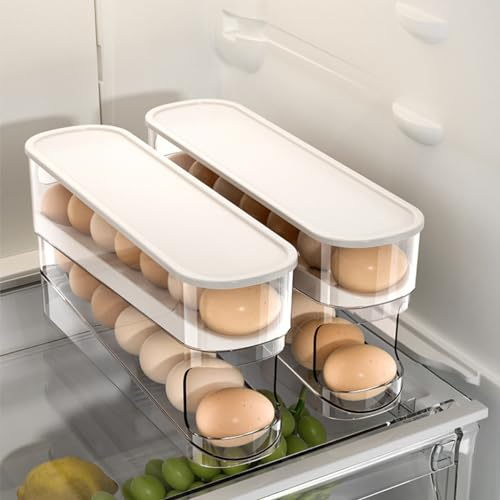 Automatic Rolling Refrigerator Egg Storage Box Space Saving Egg Dispenser Suitable with Lid Refrigerator Egg Rack Kitchen Stuff for New Home Refrigerator Countertop Cabinet Double Layer (2)