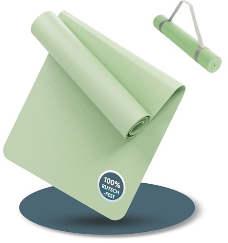 LILENO SPORTS Yogamatte pastellgrün (180 x 60 cm) mit Tragegurt, Sport- und Yogamatte extra rutschfest in 4 mm Dicke, Gymnastik- und Fitnessmatte für Training