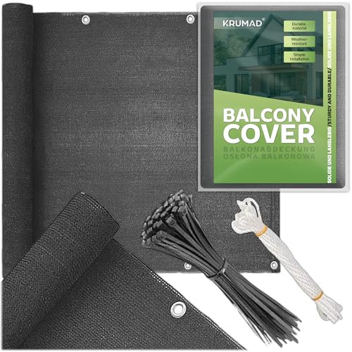 KRUMAD Balkon Sichtschutz 1m x 6m, Wetterfest, 95% Schattierung,180g/m² PEHD, UV- & Windschutz, für Terrasse, Garten & Zaun, Inkl. Kabelbinder & Schnur, Anthrazitgrau