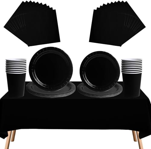 69pcs Black Disposable Tableware Set - 20 Napkins, 16 Cups, 16pcs 7inch and 9inch Plates, 1pcs Black Tablecloths | Biodegradable Dinnerware for Birthdays, Weddings, Kids Adult Christmas Party