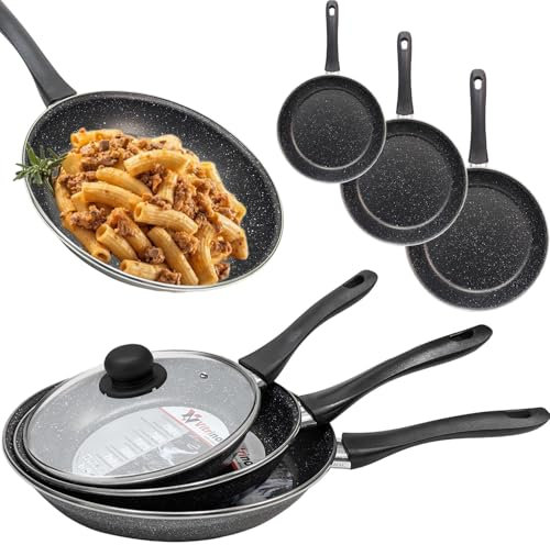 Sicignano | Set 3 Padelle Antiaderenti Ø 22/26/30 cm con Coperchio Acciaio Inox, Acciaio Vetrificato, Induzione Gas Elettrico Vetroceramica, Manico Ergonomico Antiscottatura, Efficienza Energetica