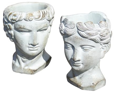 Darthome Set Of 2 Cement Roman Head Planters 12.5x17.5x13cm Natural Stone Grey Greek Bust Flower Pots
