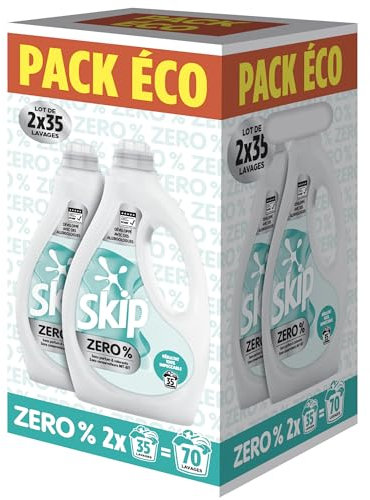 Skip - Lessive Liquide - 0% - 70 lavages - Efficace Tout en Respectant les Peaux Très Sensibles - Formule Sans Parfum ni Colorants et Conservateurs MIT-BIT - Certifiée ECARF - 2x35 Lavages