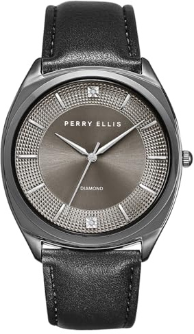 Perry Ellis Schlanke Diamant-Herrenuhr – rundes graues Sunray-Zifferblatt, schwarzes Lederarmband, wasserabweisend, analog