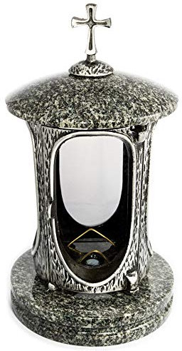 Stilvolle Grablaterne Anthrazit mit Kreuz Granit Impala hell Höhe 27 cm/Ø 15 cm Grableuchte Grablicht Grablampe Granitlampe Granitlaterne Bronze mit Sockel Grabschmuck