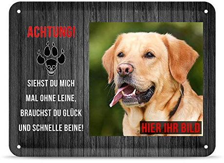 PR Print Royal Blechschild PERSONALISIERT mit EIGENEM Hundefoto und Spruch - Siehst Du mich mal ohne Leine - Geschenkidee für Hundebesitzer/Türschild/Hundeschild - Querformat DIN A5