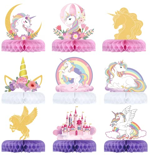 HONMOK 9 Stück Einhorn Bienenwabe Einhorn Party Deko 3D Waben Unicorn Honeycomb Mittelstücke Papier Herzstück Tischaufsätze Dekoration für Mädchen Geburtstag Thema Party Tischdeko 15x4 cm