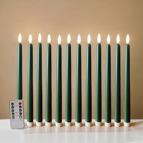 Ni-JASW Green Flameless Taper Candles with Remote Timer, Flickering Battery LED Candlesticks Set of 12